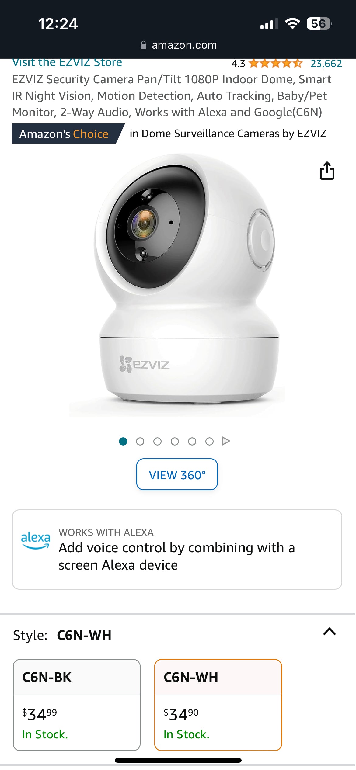 EZVIZ Security Camera Pan/Tilt 1080P Indoor Dome, Smart IR Night Vision, Motion Detection, Auto Tracking, Baby/Pet Monitor, 2-Way Audio, Works with Alexa and Google(C6N)