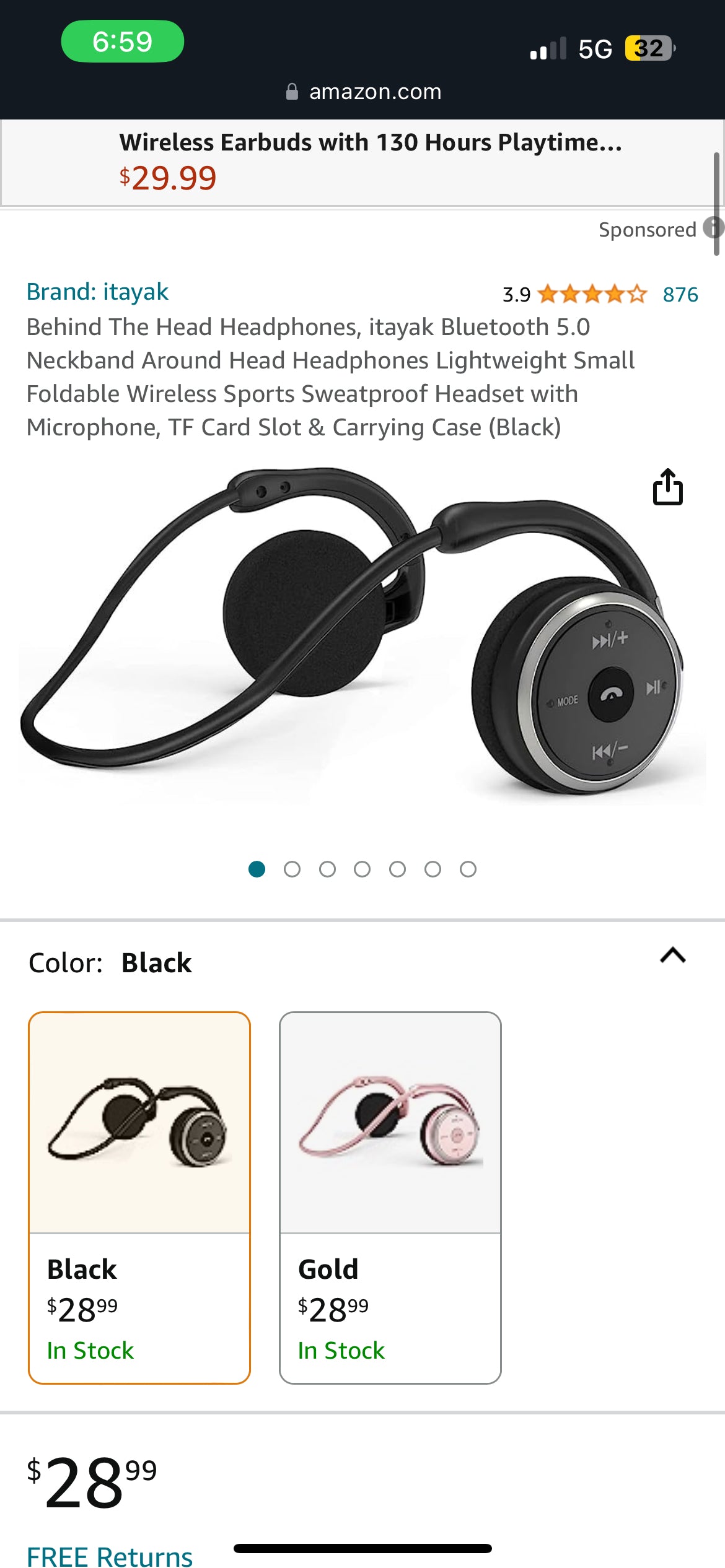 Behind The Head Headphones, itayak Bluetooth 5.0 Neckband Around Head Headphones Lightweight Small Foldable Wireless Sports Sweatproof Headset with Microphone, TF Card Slot & Carrying Case (Black)