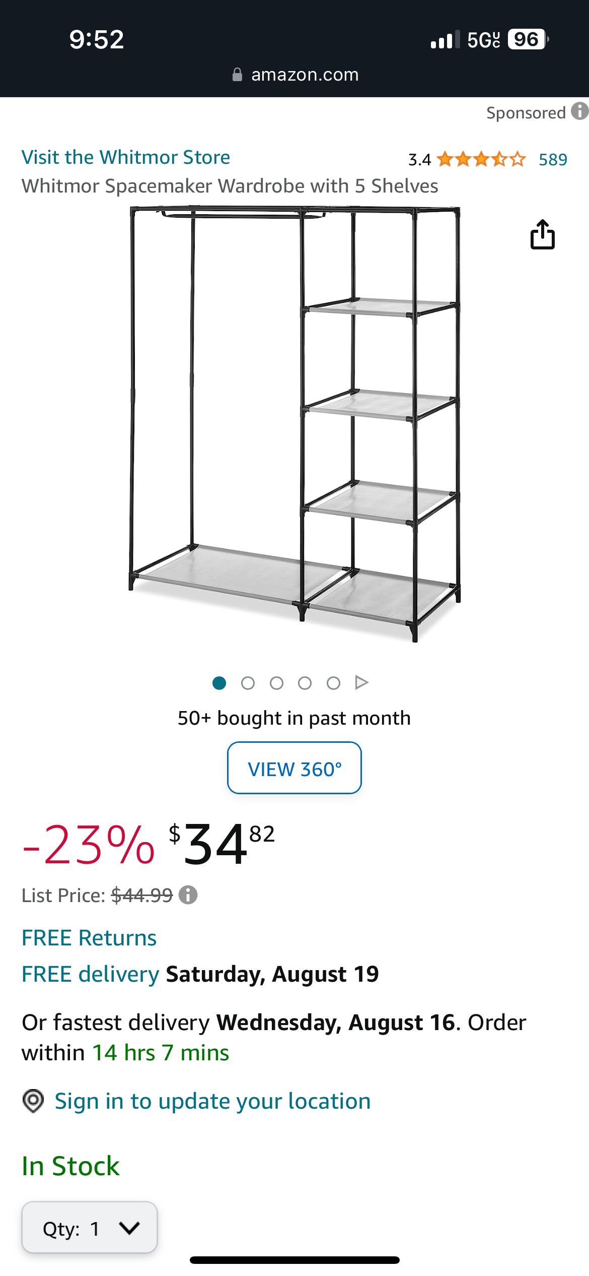 Whitmor space maker wardrobe with 5 shelves