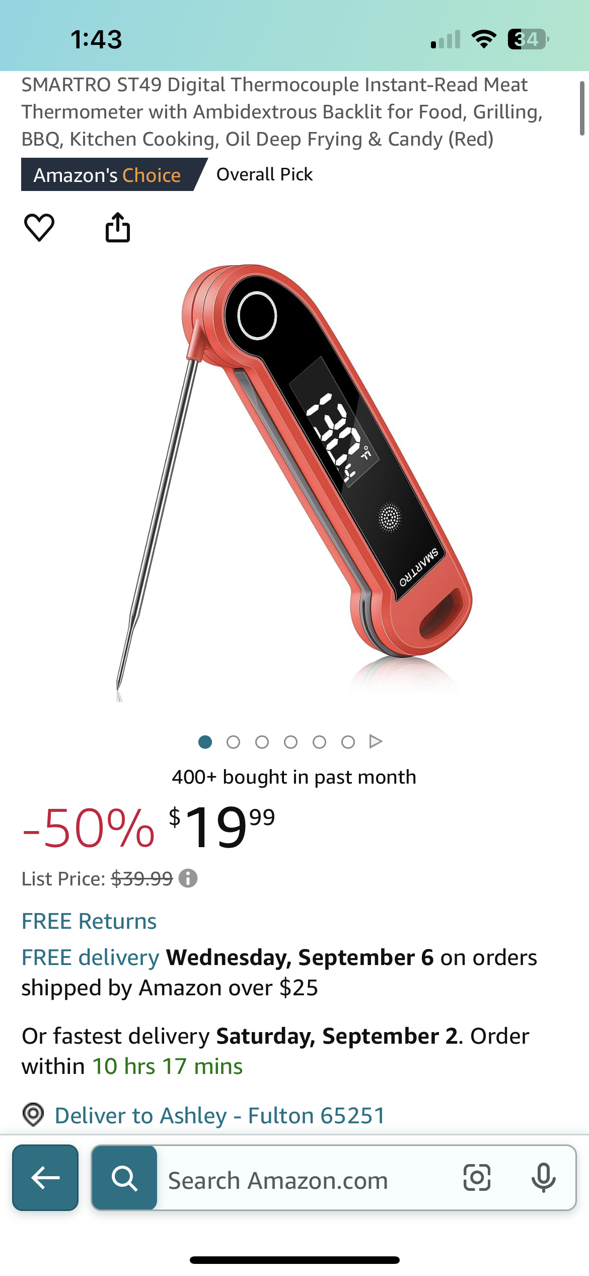 SMARTRO ST49 Digital Thermocouple Instant-Read Meat Thermometer with Ambidextrous Backlit for Food, Grilling, BBQ, Kitchen Cooking, Oil Deep Frying & Candy (Red)