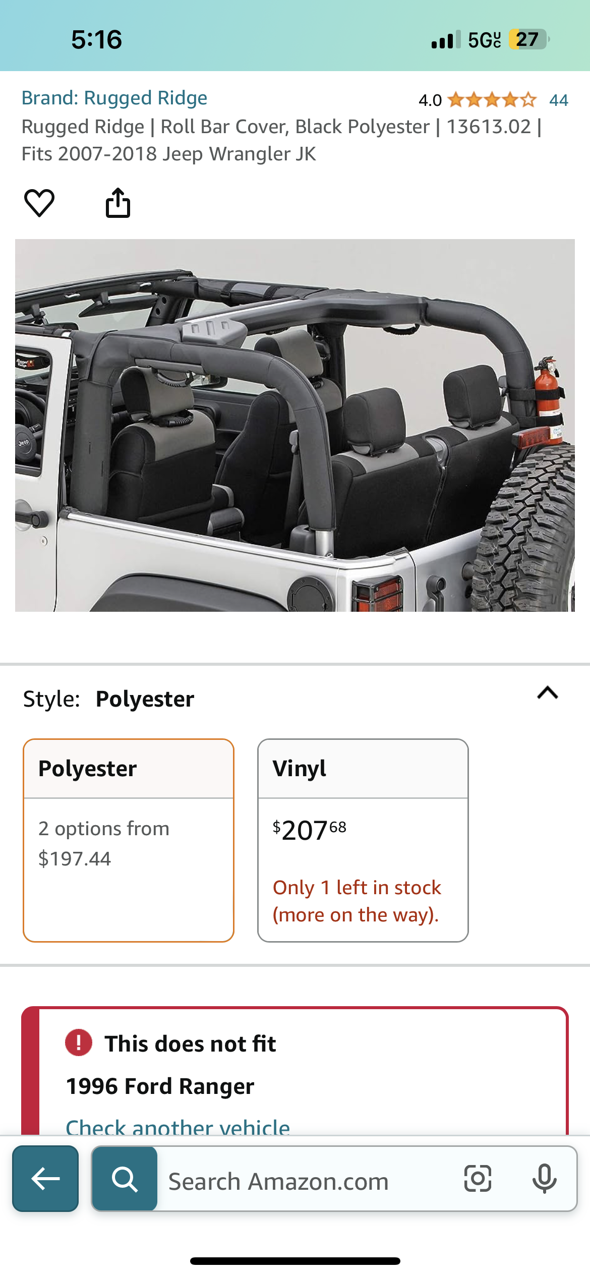 Rugged Ridge | Roll Bar Cover, Black Polyester | 13613.02 | Fits 2007-2018 Jeep Wrangler JK