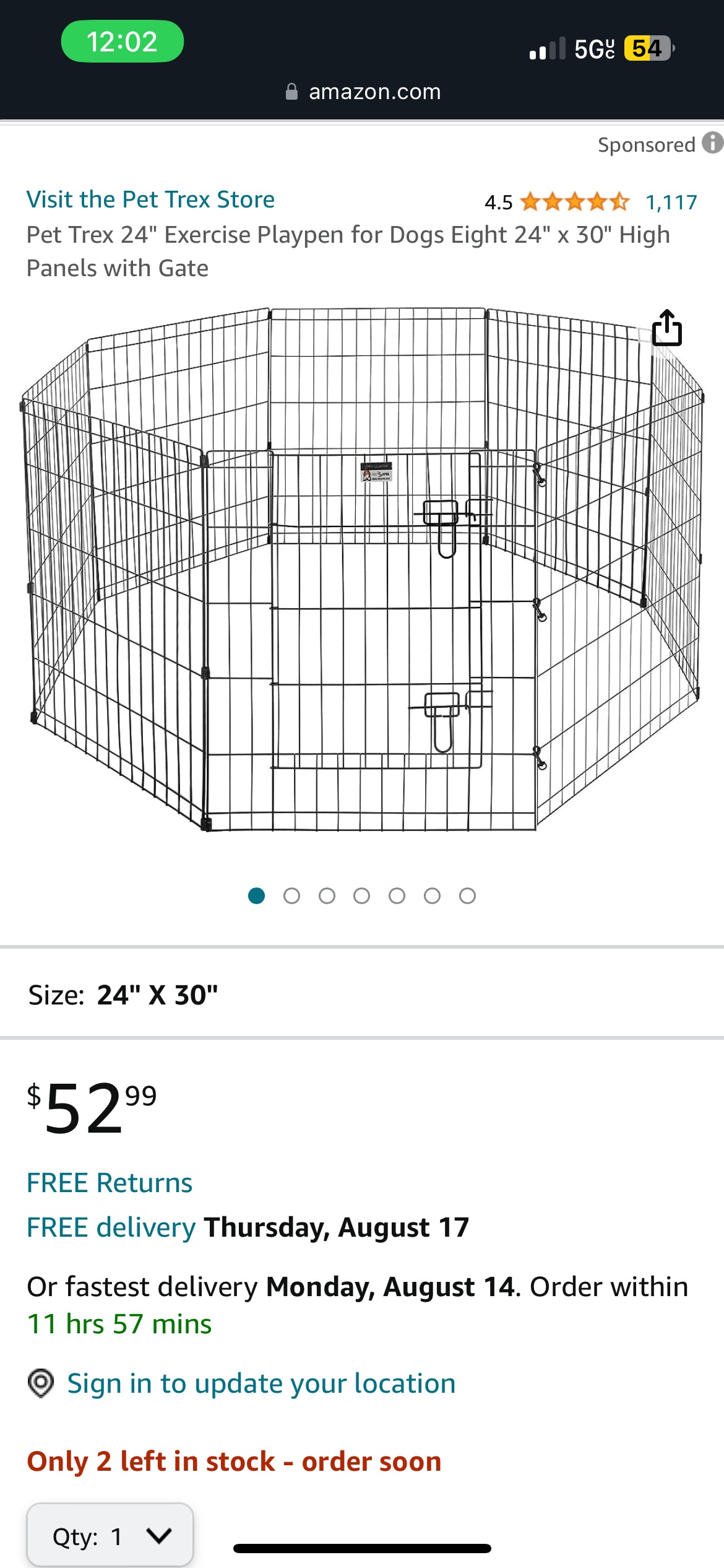 Pet Trex 24" Exercise Playpen for Dogs Eight 24" x 30" High Panels with Gate