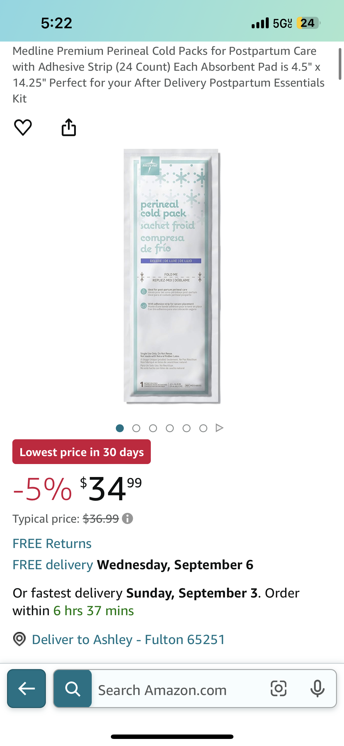 Medline Premium Perineal Cold Packs for Postpartum Care with Adhesive Strip (24 Count) Each Absorbent Pad is 4.5" x 14.25" Perfect for your After Delivery Postpartum Essentials Kit